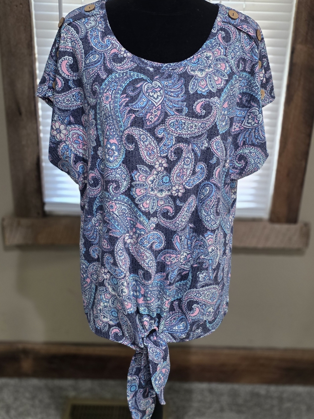 Paisley Tie-Front Blouse in Blue and Pink